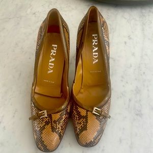 Prada brown and tan snakeskin pumps with silver buckle. Size 37.